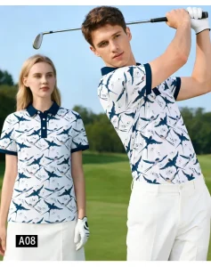 Summer Short Sleeves Light Blue Bird Pattern Golf Clothes Polo Shirts with Double Stretch Quick Dry Performance Factory