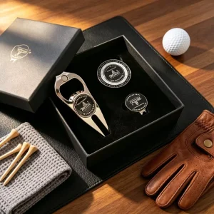 Switchblade Golf Ball Brushed Metal Copper Personalized Divot Tool With Leather Box Ball Marker
