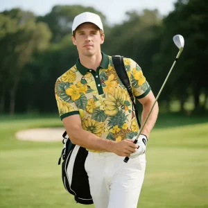Tropical Fruit Series Men’s Golf Polo Shirt Palm Print Moisture Wicking UV Protection Golf Clothes OEM Golf Wear