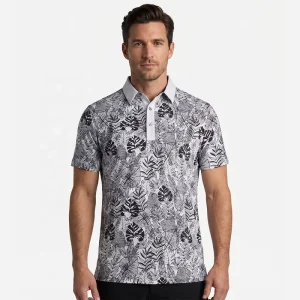 Tropical Leaf Print Quick Dry Performance Short Sleeve Polo Breathable Hawaiian Style Summer Wear Men’s Golf Shirt