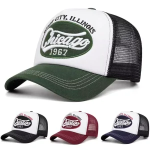 Trucker Cap 3D Oval Patch Embroidery Chicago Letter Two Tone Cotton Mesh 6 Panel Curved Brim OEM ODM Custom Logo