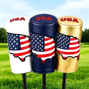 USA Flag Golf Driver Headcover Waterproof PU Leather Embroidered White Navy Blue Gold Design Golf Accessories