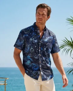 Unisex Galaxy Print Hawaiian Polo Shirts Anti-Bacterial UV Protection Reversible Couple Beachwear