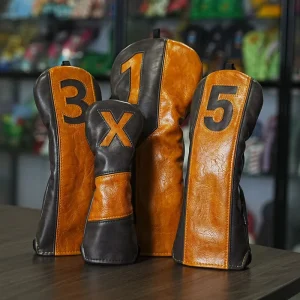 Vintage Brown PU Leather Golf Headcover Set for Driver and Wood Clubs