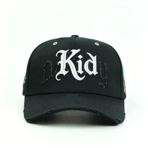 Vintage Distressed Rhinestone Gothic Letter Embroidered Cap Satin Lined Curved Brim Hip Hop Streetwear Baseball Cap