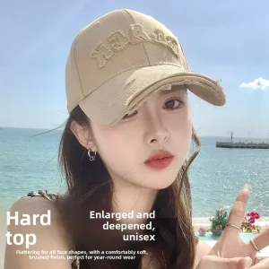 Washed Distressed Baseball Cap Unisex 6-Panel 100% Cotton Adjustable Big Head Wide Curved Brim Casual Sporty Four Seasons