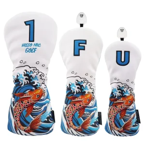 Waterproof Golf Head Covers Print Embroidery Pu Leather Driver Wood Hybrid Club Covers Golf Barrel Cover Headcovers