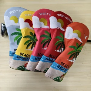 West Coast Beach Hawaii Golf Driver Fairway Wood Headcover Palm Tree Sunset Embroidery PU Leather Waterproof Elastic