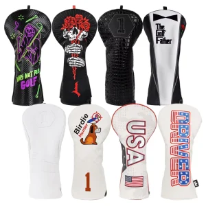 White PU Leather Golf Accessories Gift Embroidery Golf Headcover Three Pieces Two Pieces Driver Club Golf Head Cover