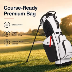 White and Black PU Leather Golf Stand Bag with Dual Water Bottle Sleeves and Easy-Access Pockets