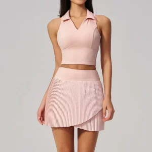 Women’s 2Pcs Tennis Outfit Yoga Set Collared Racerback Polo Tank + High Waist Pleated Anti Exposure Skort
