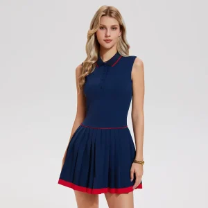 Women’s Sleeveless Color Block Polo Tennis Dress Slim A-Line Pleated Badminton Sports Dress