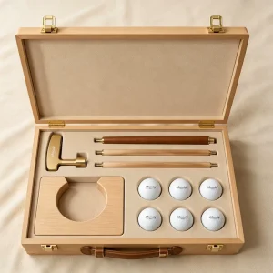 Wooden Golf Gift Box Leather Carry Handle Metal Locks Liner Slot Insert Custom Logo Indoor Putting Set Packaging Case