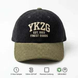 YKZG Premium Corduroy Dad Hat 3D Puff Embroidery Green Yellow Contrast Athletics Baseball Cap Custom Private Label