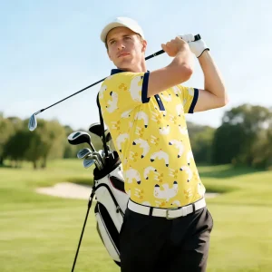 Yellow Bird Pattern Golf Clothes Manufacturer High Quality Men’s Lapel Short Sleeves Golf Polo Shirts Custom Logo